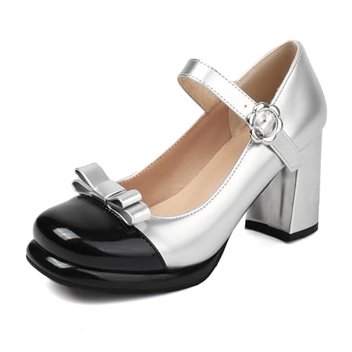 Bviennic Damen Plateau Heel Mary Jane Cap Toe Höhe Ferse Schuhe Schnalle mit Plateau Zweifarbig Klassische Dancing Schuhe L65036Pg Silber Gr 37 EU/38Cn von Bviennic