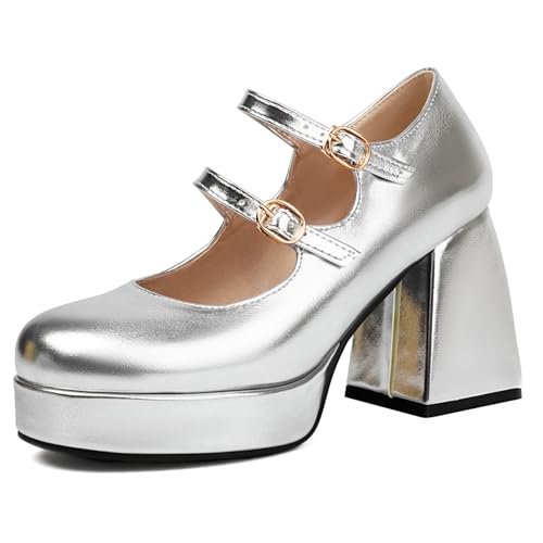 Bviennic Damen Plateau Heel Mary Jane Runde Zehen Höhe Ferse Schuhe Schnalle mit Plateau Mode Abendschuhe E65855Cj Silber Gr 39 EU/40Cn von Bviennic