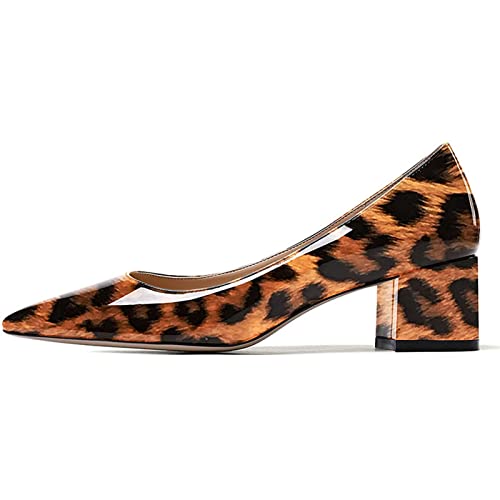Bviennic Damen Pointed Toe Kleid Blockabsatz Pumps Lack Ohne Verschluss Elegant Hochzeit Formal Schuhe Bride Mode Mitte Absatz Leopard Gr 41 Eu-43Cn von Bviennic