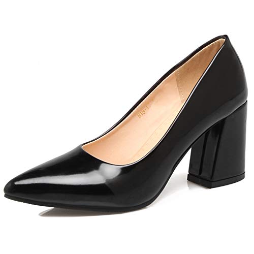 Bviennic Damen Pointed Toe Kleid Hohen Blockabsatz Lack Pumps Ohne Verschluss Buro Formal Lack Elegant Pumps Prom Schwarz Gr 49 Eu-51Cn von Bviennic