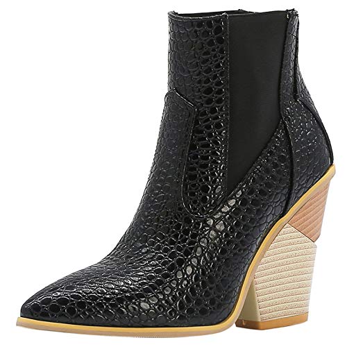 Bviennic Damen Pointed Toe Ohne Verschluss Vintage Westernabsatz Stiefeletten Mode Winter Keilabsatz Cowboy Stiefeletten Chunky Heel Schwarz Gr 45 EU-47Cn von Bviennic