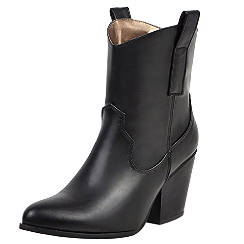 Bviennic Damen Pointed Toe Ohne Verschluss Warm Kurz Cowboystiefel Leisure Western Blockabsatz Chelsea Riding Stiefeletten Winter Schwarz Gr 36 Eu von Bviennic