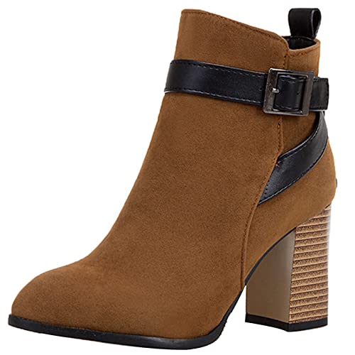 Bviennic Damen Pointed Toe Reißverschluss Blockabsatz Stiefeletten Leisure Chelsea Winter Warm Höhe Ferse Komfort Stiefeletten Braun Gr 46 EU-48Cn von Bviennic