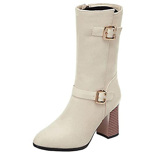Bviennic Damen Pointed Toe Reißverschluss Halbschaft Reitstiefel Schnalle Mode Hohen Blockabsatz Winter Warm Reitstiefel Beige Gr 48 EU-50Cn von Bviennic