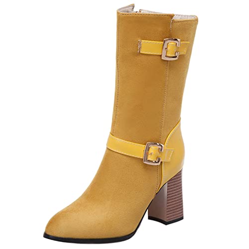 Bviennic Damen Pointed Toe Reißverschluss Halbschaft Reitstiefel Schnalle Mode Hohen Blockabsatz Winter Warm Reitstiefel Gelb Gr 48 EU-50Cn von Bviennic