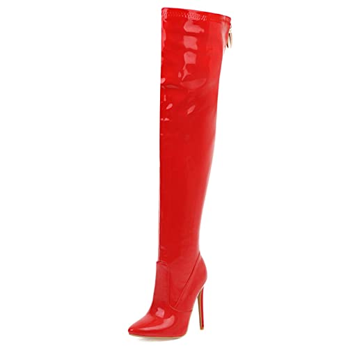 Bviennic Damen Pointed Toe Stiletto Thigh Lack Boots Reißverschluss Winter Party Warm Overknees Mode Heel Boots Prom Rot Gr 44 EU-46Cn von Bviennic