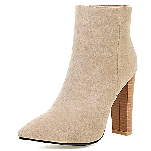 Bviennic Damen Pointed Toe Warm Stiefeletten Blockabsatz Mode Wildleder Fell Lined Höhe Ferse Chelsea Stiefel Winter Kleid Schuhe Beige Gr 37 EU-38Cn von Bviennic