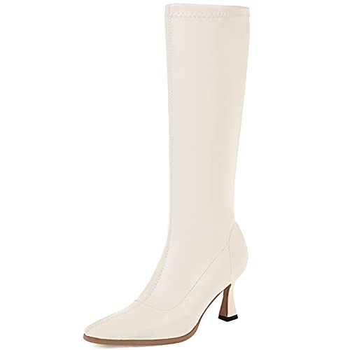 Bviennic Damen Reißverschluss Elegant Knee Stretch Stiefel Kitten Heel Winter Hochzeit Stiletto Mode Reitstiefel Beige Gr 36 Eu von Bviennic
