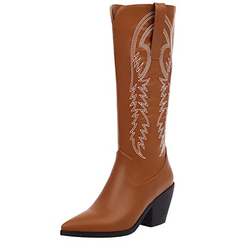Bviennic Damen Reißverschluss Pointed Toe Embroiderot Cowboystiefel Leisure Warm Fell Lined Klassischer Blockabsatz Kniestiefel Gelb Gr 45 EU-47Cn von Bviennic