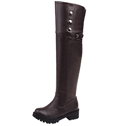 Bviennic Damen Runde Zehen Chunky Overknees Warm Reitstiefel Winter Mode Reißverschluss Leisure Draußen Schneestiefel Mitte Absatz Braun/D Gr 48 EU-50Cn von Bviennic
