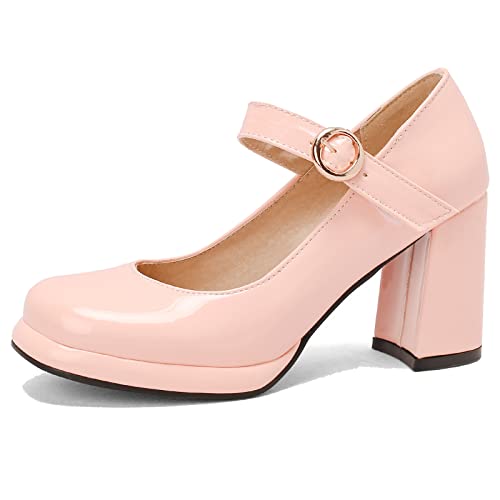 Bviennic Damen Runde Zehen Hohen Blockabsatz Mary Jane Pumps Kleid Sommer Hochzeit Knöchelriemchen Plateau Lack Party Schuhe Pink Gr 37 Eu-38Cn von Bviennic