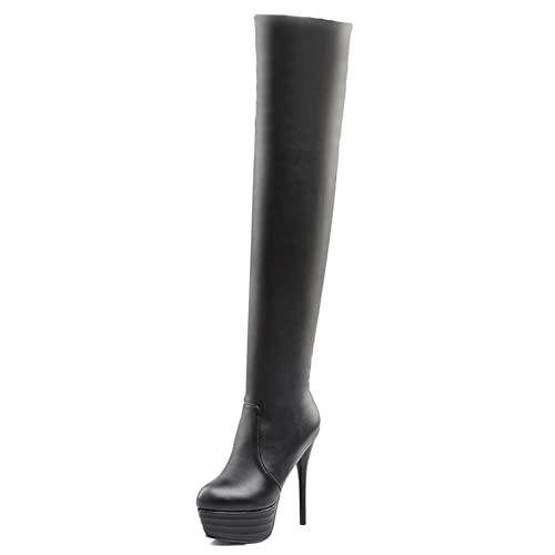 Bviennic Damen Runde Zehen Kleid Oberschenkel Stretch Stiefel Plateau Winter Mode Stiletto Warm Oberschenkelhohe Stiefel Reißverschluss Schwarz/Ml Gr 43 EU-45Cn von Bviennic