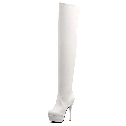 Bviennic Damen Runde Zehen Kleid Oberschenkel Stretch Stiefel Plateau Winter Mode Stiletto Warm Oberschenkelhohe Stiefel Reißverschluss Weiß/Ml Gr 43 EU-45Cn von Bviennic