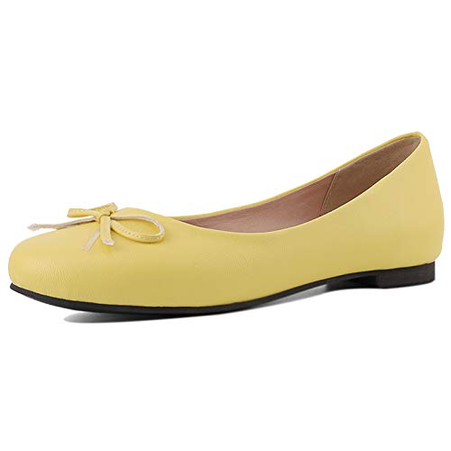 Bviennic Damen Runde Zehen Komfort Ballet Flach Mit Bows Ohne Verschluss Buro Loafers Hochzeit Walking Bride Dolly Schuhe Ballerinas Gelb-P Gr 44 Eu-46Cn von Bviennic