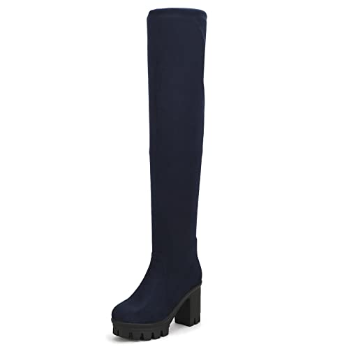 Bviennic Damen Runde Zehen Mode Chunky Heel Plateau Oberschenkel Boots Winter Warm Stretch Stiefel Ohne Verschluss Blau/R Gr 41 EU-43Cn von Bviennic