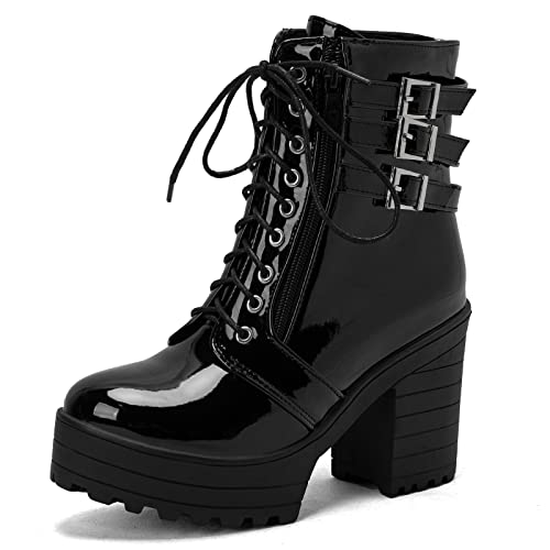 Bviennic Damen Runde Zehen Schnüren Winter Warm Stiefeletten Mode Plateau Chunky Höhe Ferse Military Lack Stiefeletten Schwarz Gr 39 EU-40Cn von Bviennic