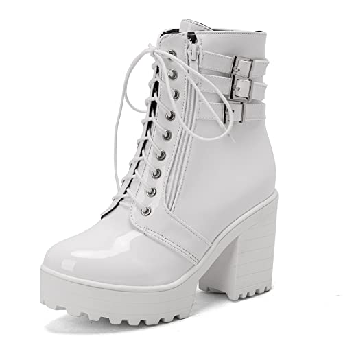 Bviennic Damen Runde Zehen Schnüren Winter Warm Stiefeletten Mode Plateau Chunky Höhe Ferse Military Lack Stiefeletten Weiß Gr 41 EU-43Cn von Bviennic