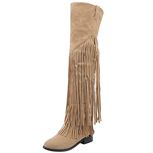 Bviennic Damen Runde Zehen Winter Klassischer Overknees Fransen Stiefel Herren Thigh Warm Mitte Absatz Leisure Retro Reitstiefel Aprikose Gr 40.5 EU-42Cn von Bviennic