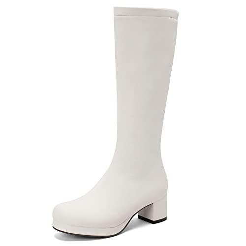 Bviennic Damen Runde Zehen Winter Warm Kniestiefel Komfort Blockabsatz Plateau Stretch Reitstiefel Hochzeit Schuhe Weiß Gr 40 EU-41Cn von Bviennic