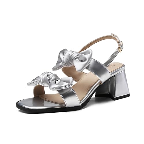 Bviennic Damen-Sandalen mit Blockabsatz Partyschuhe mit Offener Zehenpartie Und Mittlerem Absatz Schnalle Leisure Sandals Bogen, B18002Ev Silber Gr 43 EU/45Cn von Bviennic