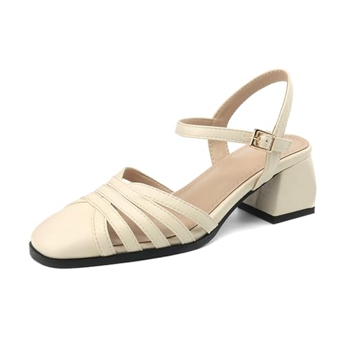 Bviennic Damen-Sandalen mit Blockabsatz Square Toe Mitte Absatz Abendschuhe Schnalle Klassische Sandals Knöchelriemchen, Z86421Nx Weiß Gr 37 EU/38Cn von Bviennic
