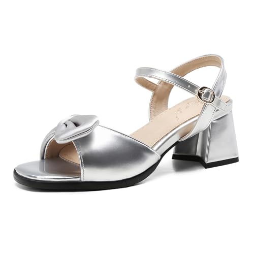 Bviennic Damen-Sandalen mit Blockabsatz Tägliche Schuhe mit Offener Zehenpartie Und Mittlerem Absatz Schnalle Leisure Sandals Knöchelriemchen Bogen, L20069Vl Silber Gr 34 EU von Bviennic