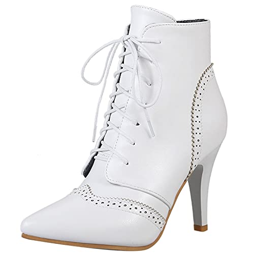 Bviennic Damen Schnüren Herren Stiletto Winter Pointed Toe Brogue Stiefeletten Stylish Abend Kleid Buro Arbeit Klassischer Biker Stiefeletten Weiß Gr 41 EU-43Cn von Bviennic
