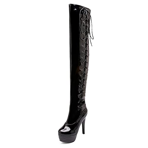 Bviennic Damen Schnüren Overknees Stiletto Plateau Lack Boots Nightclub Kleid Thigh Strappy Stylish Prom Boots Schwarz Gr 36 Eu von Bviennic