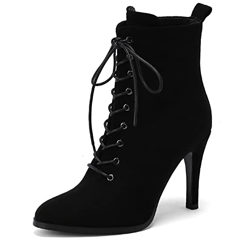 Bviennic Damen Schnüren Strappy Kleid Pointed Toe Biker Stiefeletten Arbeit Stiletto Höhe Ferse Winter Mode Hochzeit Stiefeletten Leisure Ms-Schwarz Gr 37 EU-38Cn von Bviennic