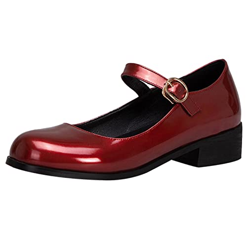 Bviennic Damen Schule Mitte Absatz Lack Mary Jane Schuhe Runde Zehen Komfort Knöchelriemchen Blockabsatz Pumps Formal Sommer Schuhe Rotwein Gr 45 Eu-47Cn von Bviennic