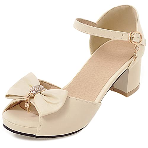 Bviennic Damen Sommer Comfy Peep Toe Blockabsatz Sandalen Bridal Sweet Bogen Plateau Schuhe Knöchelriemchen Elegant Party Kleid Beige Gr 39 Eu-40Cn von Bviennic