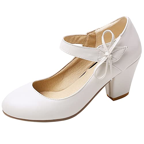 Bviennic Damen Sommer Party Mary Jane Blockabsatz Pumps Bride Closed Runde Zehen Lovely Knöchelriemchen Prom Kleid Schuhe Hochzeit Weiß Gr 36.5 Eu-37Cn von Bviennic