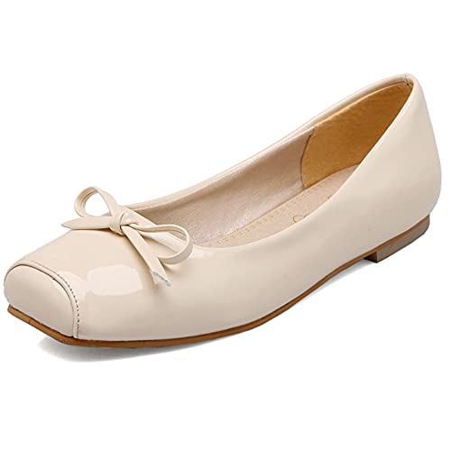 Bviennic Damen Square Toe Ballet Flats Ohne Verschluss Bows Dolly Schuhe Ballerina Prom Lack Loafer Slipper Leisure Walking Mokassins Beige Gr 37 Eu-38Cn von Bviennic