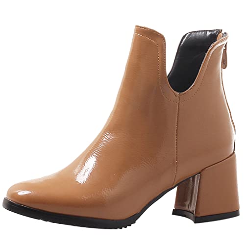 Bviennic Damen Square Toe Buro Kleid Blockabsatz Lack Stiefeletten Herren Mitte Absatz Winter Abend Stylish Chelsea Stiefeletten Gelb Gr 43 EU-45Cn von Bviennic