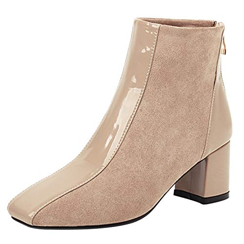 Bviennic Damen Square Toe Chelsea Stiefeletten Mode Blockabsatz Winter Warm Arbeit Kleid Schuhe Weit Fit Stiefeletten Beige Gr 35 Eu von Bviennic