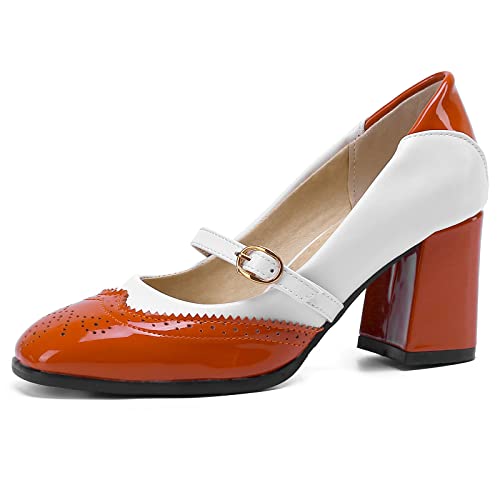 Bviennic Damen Square Toe Mary Jane Lack Brogue Pumps Schnalle Sommer Party Prom Elegant Hohen Blockabsatz Pumps Kleid Orange Gr 45 Eu-47Cn von Bviennic