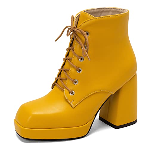 Bviennic Damen Square Toe Mode Schnüren Winter Motorradstiefel Chunky Höhe Ferse Plateau Warm Stiefeletten Gelb Gr 39 EU-40Cn von Bviennic