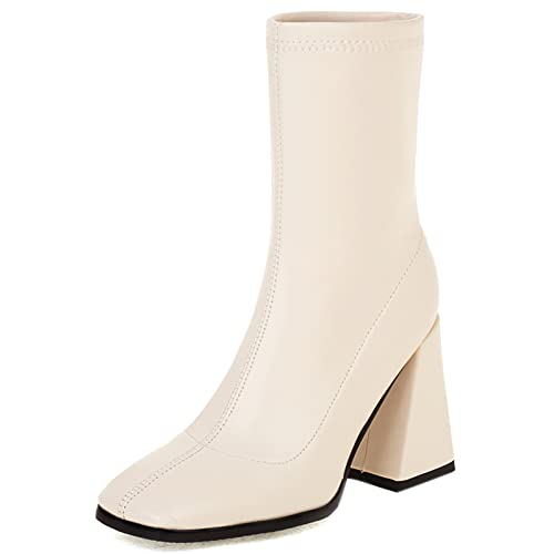 Bviennic Damen Square Toe Ohne Verschluss Stretch Stiefeletten Hohen Blockabsatz Weit Fit Hochzeit Kleid Schuhe Chelsea Stiefel Beige Gr 34 Eu von Bviennic