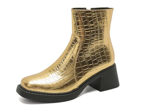 Bviennic Damen Stiefeletten Block Mitte Absatz Komfort Square Toe Zip Party Stiefeletten 2313 Gold Gr 33.5 EU/33Cn von Bviennic