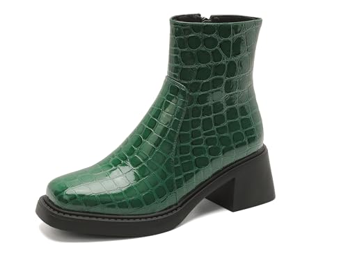 Bviennic Damen Stiefeletten Block Mitte Absatz Komfort Square Toe Zip Party Stiefeletten 2313 Grün Gr 38 EU/39Cn von Bviennic