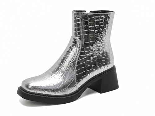 Bviennic Damen Stiefeletten Block Mitte Absatz Komfort Square Toe Zip Party Stiefeletten 2313 Silber Gr 40.5 EU/42Cn von Bviennic