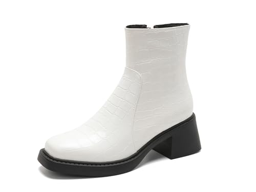 Bviennic Damen Stiefeletten Block Mitte Absatz Komfort Square Toe Zip Party Stiefeletten 2313 Weiß Gr 40.5 EU/42Cn von Bviennic