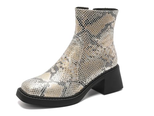 Bviennic Damen Stiefeletten Block Mitte Absatz Komfort Square Toe Zip Party Stiefeletten 2314 Gold Gr 36.5 EU/37Cn von Bviennic