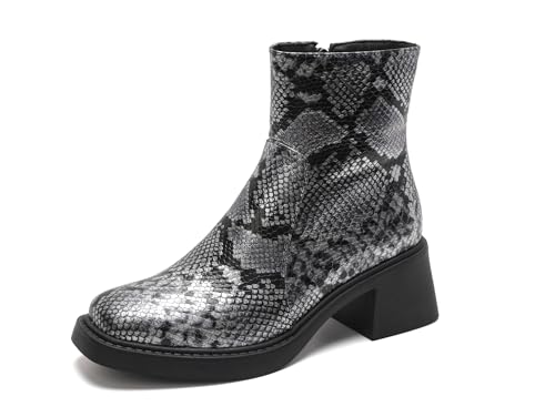 Bviennic Damen Stiefeletten Block Mitte Absatz Komfort Square Toe Zip Party Stiefeletten 2314 Schwarz-Silber Gr 40.5 EU/42Cn von Bviennic