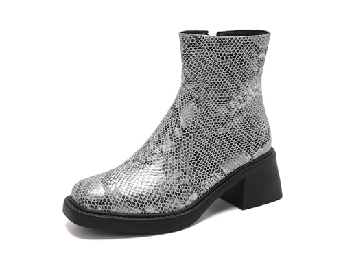 Bviennic Damen Stiefeletten Block Mitte Absatz Komfort Square Toe Zip Party Stiefeletten 2314 Silber Gr 36.5 EU/37Cn von Bviennic