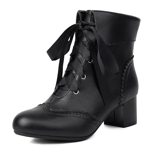 Bviennic Damen Stiefeletten Block Mitte Absatz Leisure Runde Zehen Schnüren Daily 2291 Schwarz Gr 36 EU von Bviennic