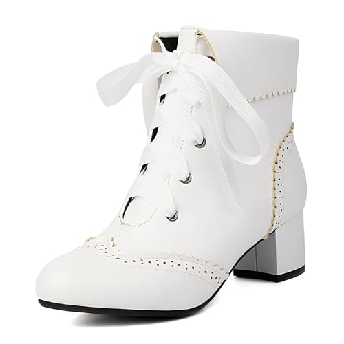 Bviennic Damen Stiefeletten Block Mitte Absatz Leisure Runde Zehen Schnüren Daily 2291 Weiß Gr 35 EU von Bviennic