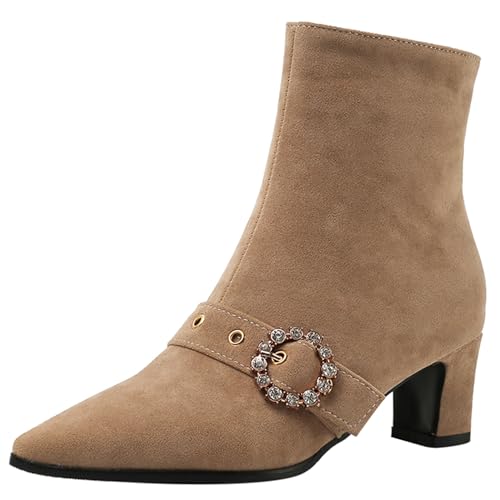 Bviennic Damen Stiefeletten Block Mitte Absatz Mode Pointed Toe Zip Abend Stiefeletten 2422 Aprikose-Gelb Gr 34 EU von Bviennic