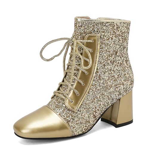 Bviennic Damen Stiefeletten Block Mitte Absatz Mode Runde Zehen Zip Abend Stiefeletten 2445 Gold Gr 36.5 EU/37Cn von Bviennic