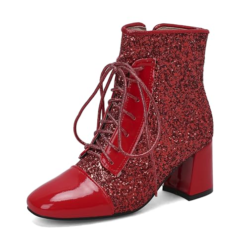 Bviennic Damen Stiefeletten Block Mitte Absatz Mode Runde Zehen Zip Abend Stiefeletten 2445 Rot Gr 40.5 EU/42Cn von Bviennic